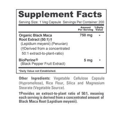 NusaPure Peruvian Black Maca Root Extract 750mg 50:1 - Suitable for Vegetarian/Vegan, Non - GMO - 37500 mg - 200 Capsules