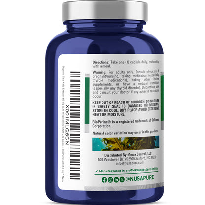 NusaPure Sea Kelp Natural Iodine 325mcg 10:1 Extract, 65 mg Capsule 200 Count (Non-GMO, Vegan)