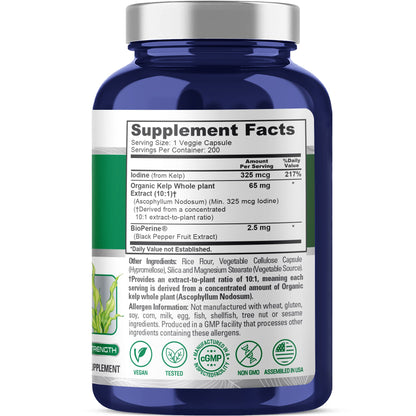 NusaPure Sea Kelp Natural Iodine 325mcg 10:1 Extract, 65 mg Capsule 200 Count (Non-GMO, Vegan)