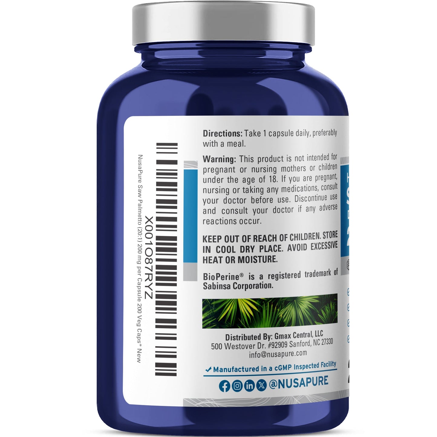 NusaPure Saw Palmetto 20:1 Extract, 200 mg per Veggie Caps 200 Count Non-GMO, Vegan, Vegetarian, Bioperine