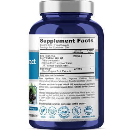 NusaPure Saw Palmetto 20:1 Extract, 200 mg per Veggie Caps 200 Count Non-GMO, Vegan, Vegetarian, Bioperine