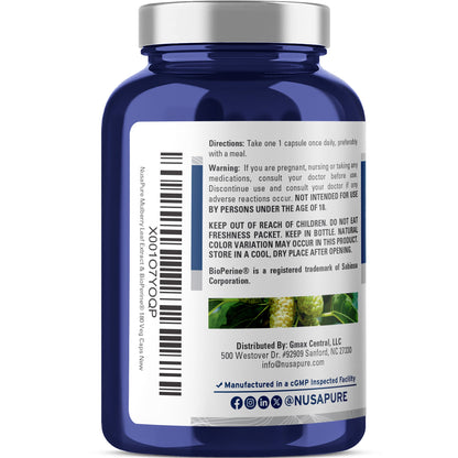NusaPure White Mulberry Leaf Extract 10:1 Extract, 500 mg 180 Veggie Caps (Vegetarian, Bioperine)