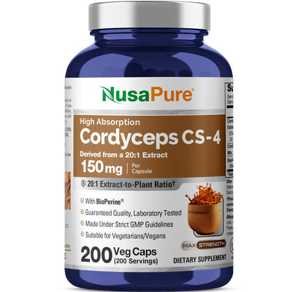 NusaPure Cordyceps 20:1 Extract, 150 mg 200 Veggie Capsules (Sinensis CS-4, Non-GMO, Vegan) Bioperine
