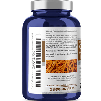 NusaPure Cordyceps 20:1 Extract, 150 mg 200 Veggie Capsules (Sinensis CS-4, Non-GMO, Vegan) Bioperine