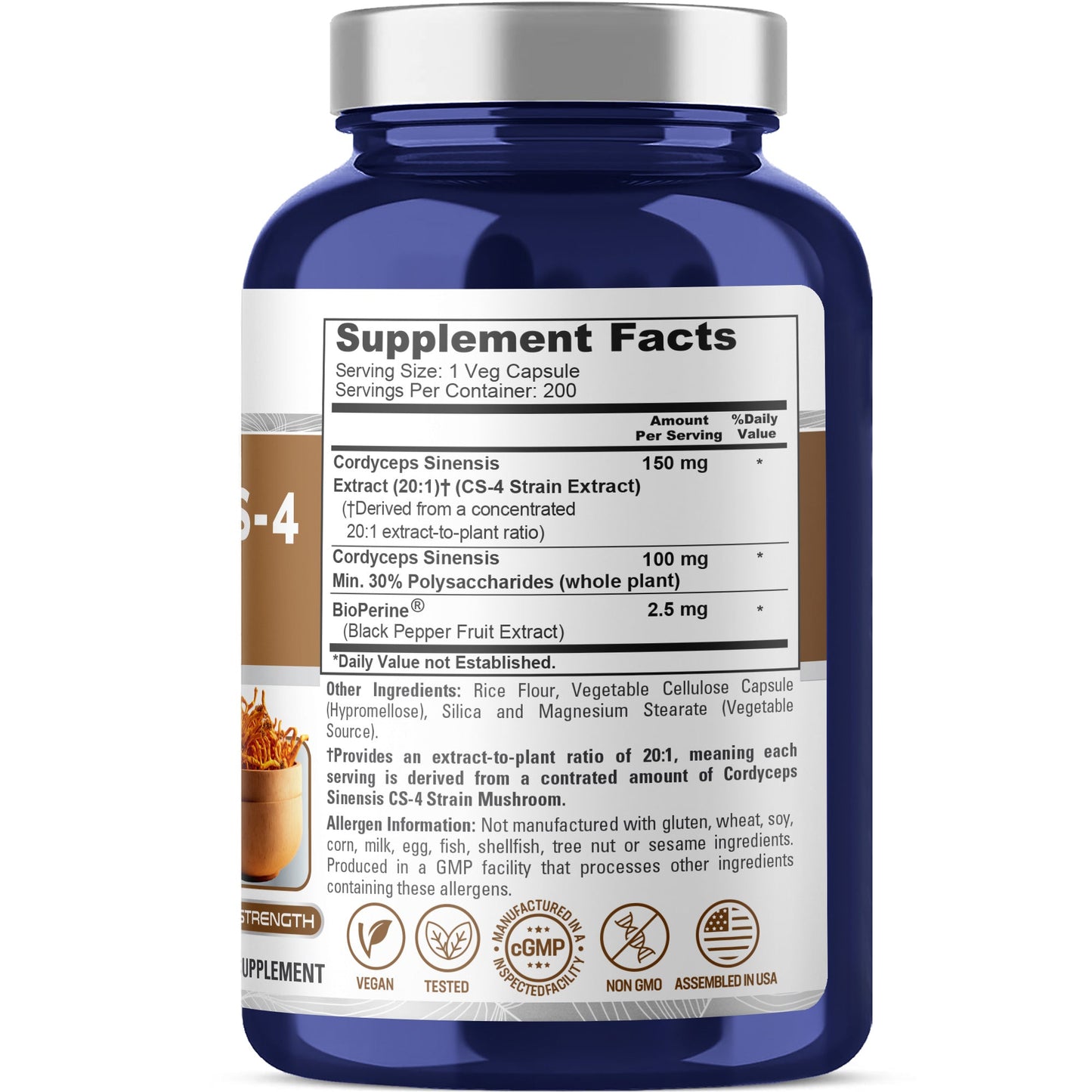 NusaPure Cordyceps 20:1 Extract, 150 mg 200 Veggie Capsules (Sinensis CS-4, Non-GMO, Vegan) Bioperine
