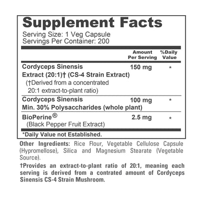 NusaPure Cordyceps 20:1 Extract, 150 mg 200 Veggie Capsules (Sinensis CS-4, Non-GMO, Vegan) Bioperine