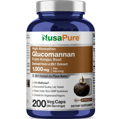 NusaPure Glucomannan 1,000 mg per Serving 200 VCaps (20:1 Extract, BioPerine Non-GMO, Vegan) Konjac Root