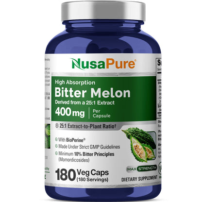 NusaPure Bitter Melon Extract 400 mg 180 Vegan Caps (100% Vegetarian, Non-GMO, Gluten-Free, 10% Bitter Principles) Bioperine