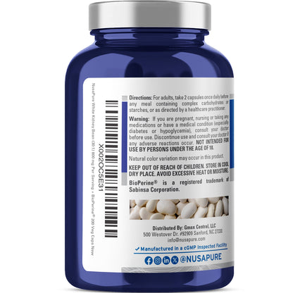 NusaPure White Kidney Beans 30:1 Extract, 800 mg 200 Vegan Capsules - Bioperine - (Vegan, Non-GMO)