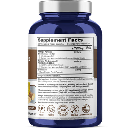 NusaPure Fadogia Agrestis 600mg + Tongkat Ali 400mg - 150 Veggie Caps - Non-GMO, Made in USA, Serving 2 VCaps, BioPerine