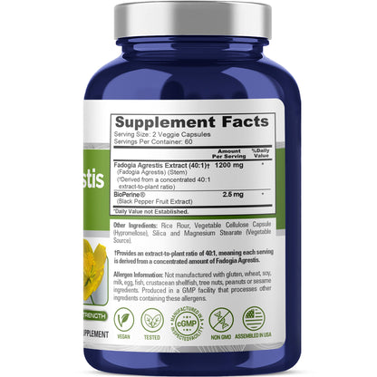 NusaPure Fadogia Agrestis 40:1 Extract, 1200 mg Per Serving 120 Vegan Capsules, GMO Free Supplement, Bioperine