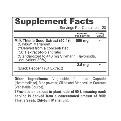 NusaPure Milk Thistle 50:1 Extract, 550 mg 120 Veggie Capsules Non-GMO, Vegan Max Strength - Standardized 80% Silymarin, Bioperine