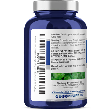 NusaPure Gotu Kola Capsules 20:1 Extract, 200 mg Per Veggie Caps, 200 Count, Non-GMO, Vegan, Bioperine - Traditional Herb Extract