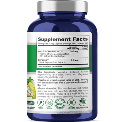 NusaPure Noni Fruit 20:1 Extract, 300 mg 240 Capsules Suitable for Vegetarian/Vegan, Non-GMO