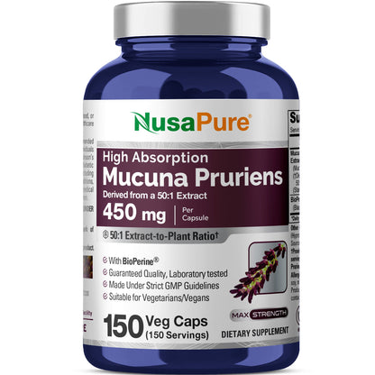 NusaPure Mucuna Pruriens 50:1 Extract, 450 mg 150 Veggie Caps (Non-GMO, Gluten Free, & Bio-Perine)