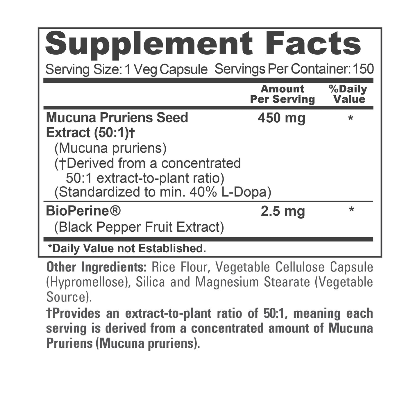 NusaPure Mucuna Pruriens 50:1 Extract, 450 mg 150 Veggie Caps (Non-GMO, Gluten Free, & Bio-Perine)