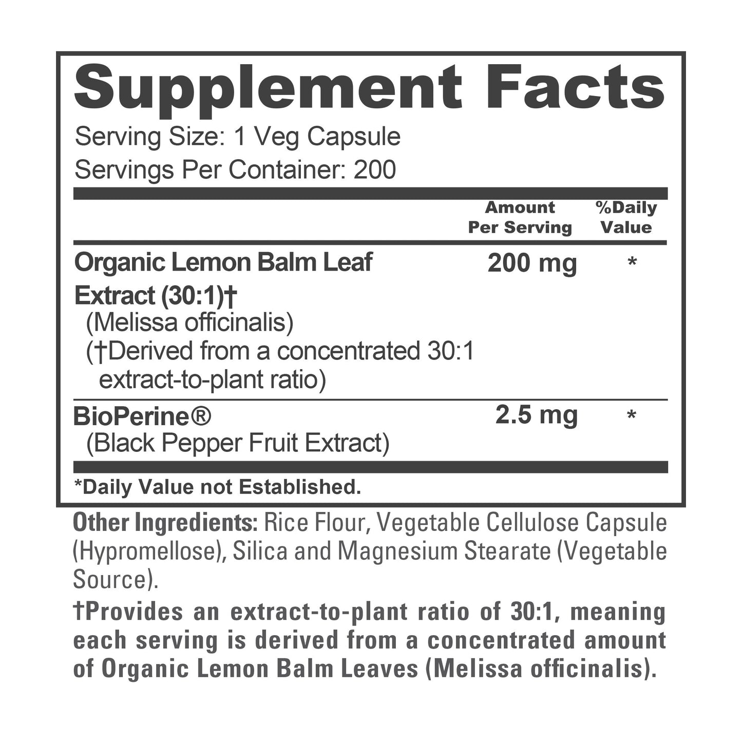 NusaPure Lemon Balm 30:1 Extract, 200 mg Per Vegan Caps - 200 Count Non-GMO, Vegan Bioperine