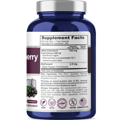 NusaPure Black Elderberry 50:1 Extract, 100 mg per Veggie Capsules, 200 Count (Vegan, Non-GMO, Bioperine) Dietary Supplement