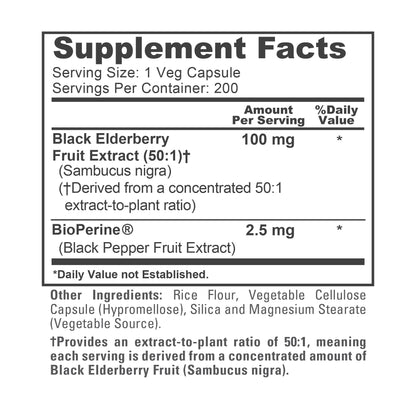 NusaPure Black Elderberry 50:1 Extract, 100 mg per Veggie Capsules, 200 Count (Vegan, Non-GMO, Bioperine) Dietary Supplement