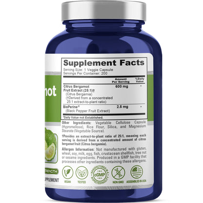 NusaPure Citrus Bergamot Capsules 600mg, 200 Capsules - 25:1 Bergamot Extract - 200 Servings, Bioperine, Vegan, Non-GMO