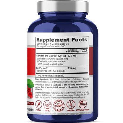 NusaPure Schizandra Berries 20:1 Extract, 225 mg, 200 Vegan Capsules (Non-GMO, Bioperine)