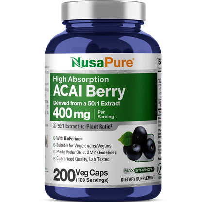 NusaPure Acai Berry, 400 mg, 200 Veg Capsules (Non-GMO, Vegan)