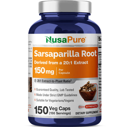 NusaPure Sarsaparilla Root 20:1 Extract - Suitable for Vegetarian/Vegan, Non - GMO - 150 mg - 150 Capsules