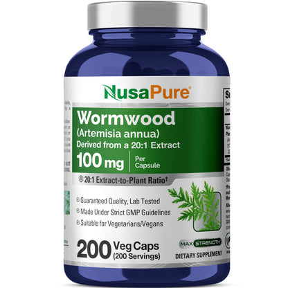 NusaPure Wormwood Capsules 100mg | Artemisia Annua Herb | 200 Count | Non-GMO & Vegan Supplement