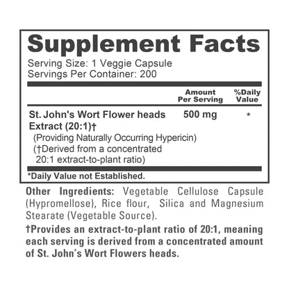 NusaPure St. John's Wort Extract 20:1 - Suitable for Vegetarian/Vegan, Non- GMO - 500mg - 200 Capsules