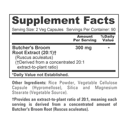 NusaPure Butcher's Broom Root 20:1 Extract, 300 mg Veggie Caps 180 Count (Non-GMO, Vegan)