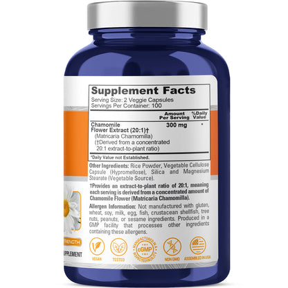 NusaPure Chamomile Flower 20:1 Extract, 300 mg Per Veggie Caps 200 Count (Non-GMO, Vegan)