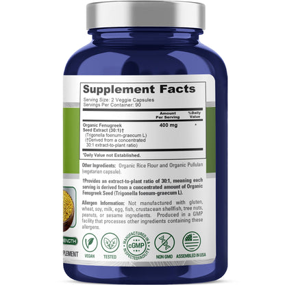 NusaPure Fenugreek Seed 30:1 Extract, 400 mg per Serving, 180 Veggie Capsules – Herbal Supplement – Non-GMO, Vegan