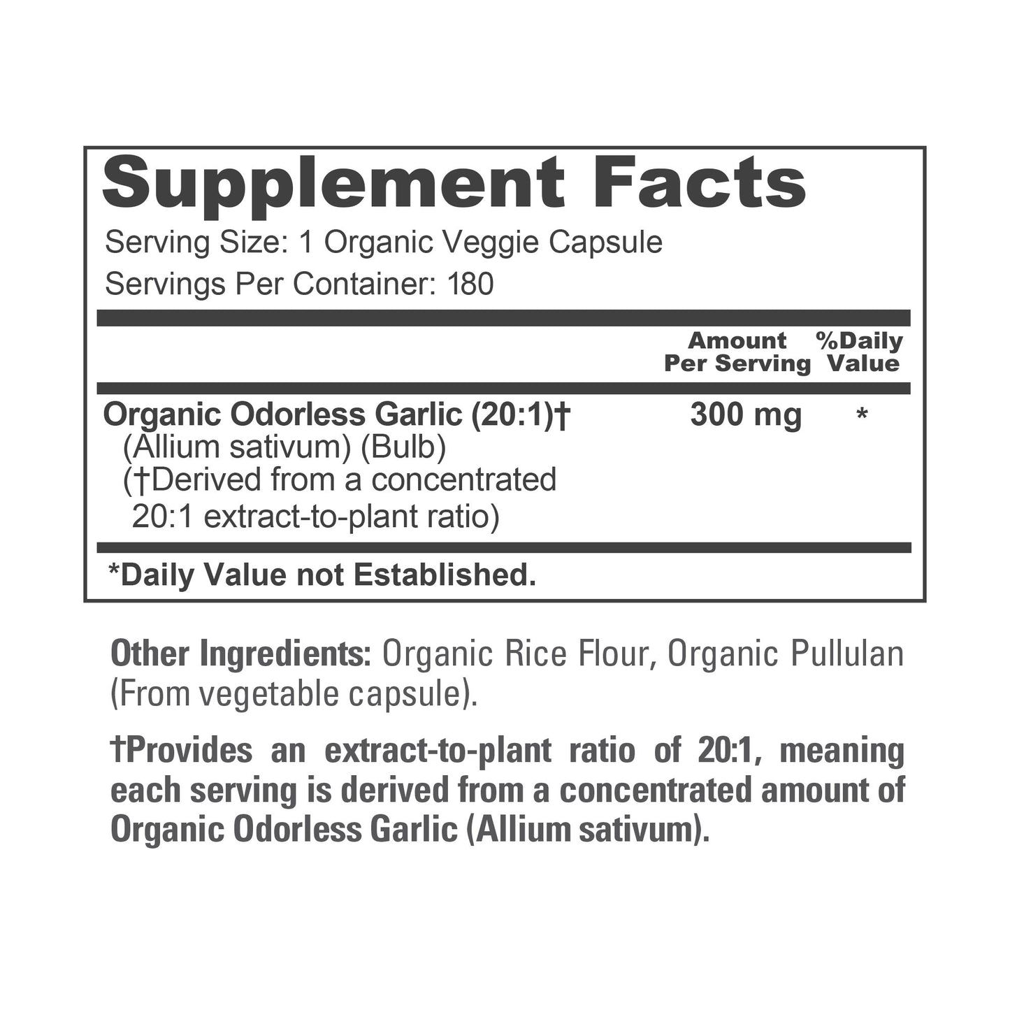 NusaPure Organic Garlic Super Odorless 20:1 Extract, 300 mg | 180 Veggie Capsules | USDA Organic | Herbal Supplement | Non-GMO, Vegan