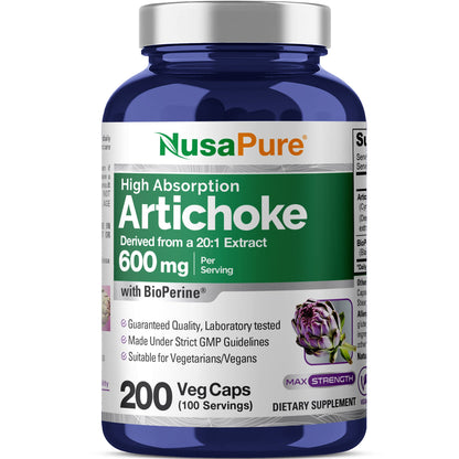 NusaPure Artichoke 20:1 Extract, 600 mg 200 Veggie caps (Non-GMO, Gluten Free)