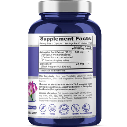 NusaPure Astragalus Root 30:1 Extract, 500 mg 200 Veg Caps Suitable for Vegetarians and Vegans, Non-GMO