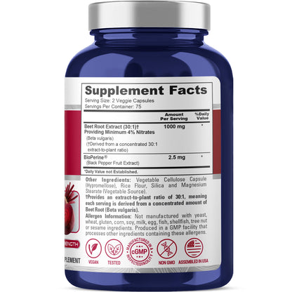 NusaPure Beet Root 30:1 Extract, 1000mg 150 Veggie caps (Vegan, Non-GMO & Vegan 4% Nitrates) Bioperine