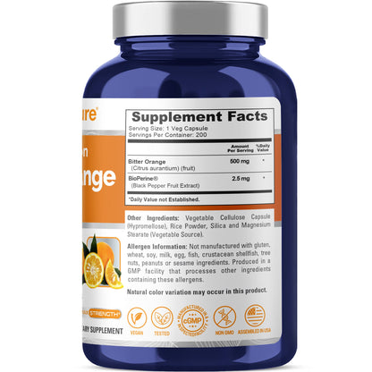 NusaPure Bitter Orange - Suitable for Vegetarian/Vegan, Non - GMO - 500mg 200 Capsules