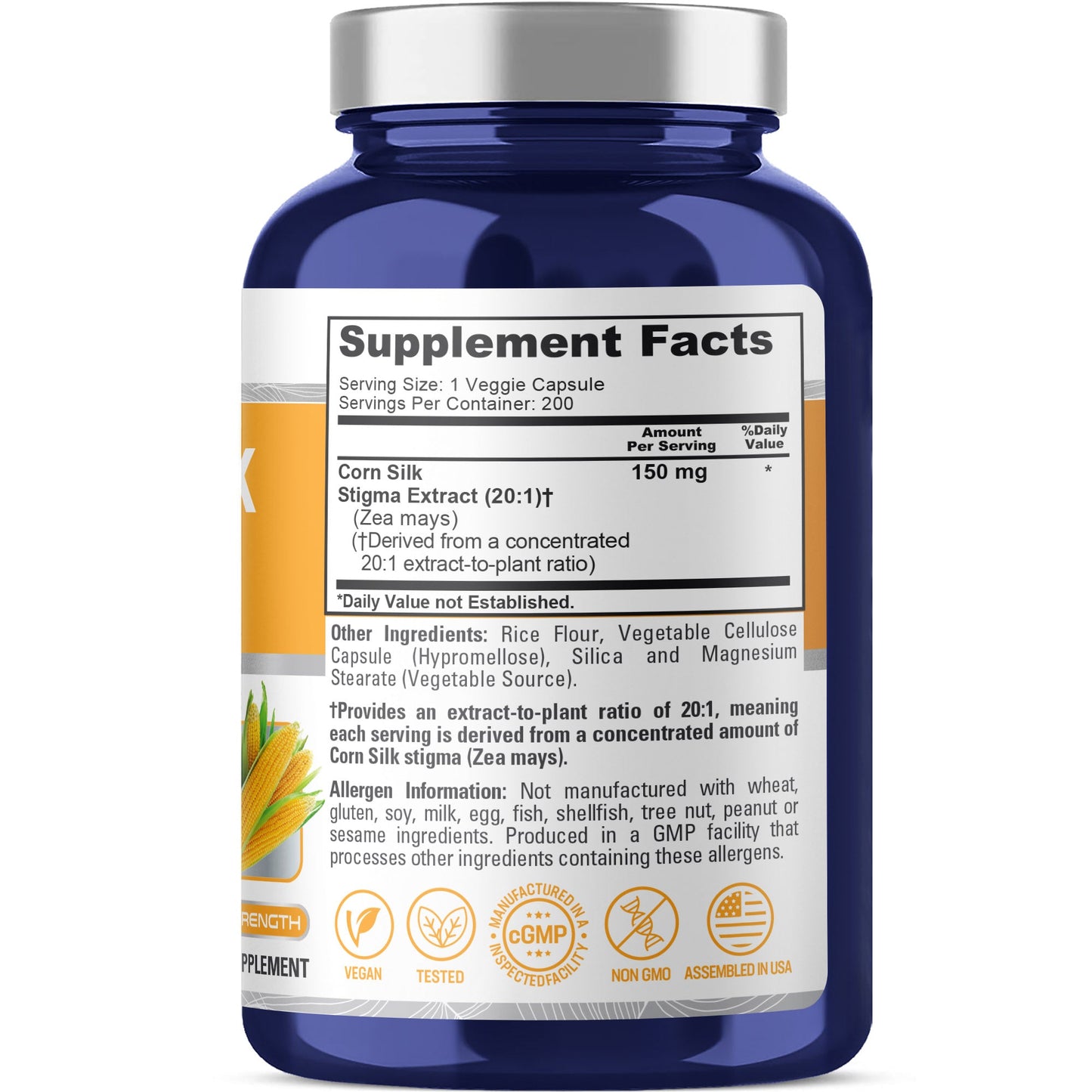 NusaPure Corn Silk Extract 150 mg per Caps - 200 Veggie Caps (100% Vegetarian, Non-GMO, Extract 20:1, Vegan)