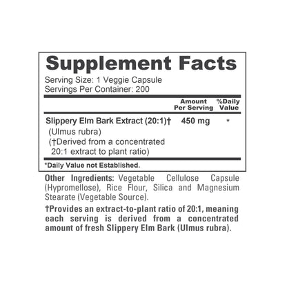 NusaPure Slippery Elm Bark 20:1 Extract, 450 mg 200 Veggie Capsules (Non-GMO, Vegan)
