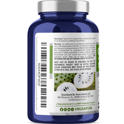NusaPure Graviola 20:1 & 10:1 Extract 500mg - Suitable for Vegetarian/Vegan, Non- GMO - 200 Capsules