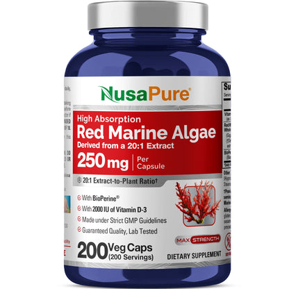 NusaPure Red Marine Algae 20:1 Extract, 250 mg 200 Veggie Capsules (Non-GMO & Soy Free) Bioperine