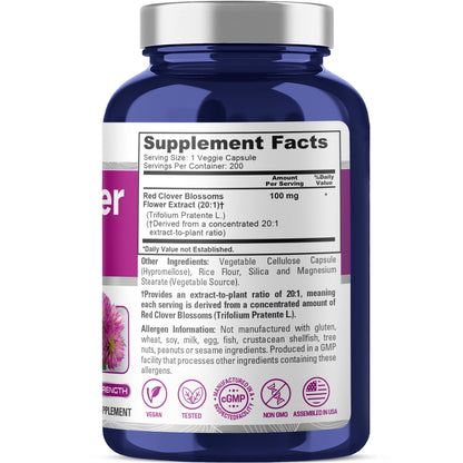 NusaPure Red Clover Blossoms 20:1 Extract, 100 mg 200 Veg Capsules Trifolium Pratente L. Suitable for Vegetarians/Vegan Non GMO Dietary Supplement