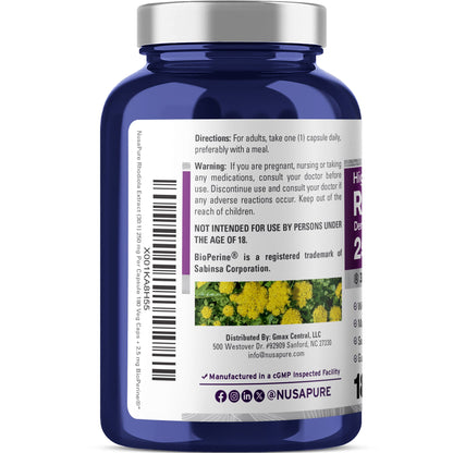 NusaPure Rhodiola Rosea 250mg 180 Veggie Capsules (Non-GMO, Extract 30:1, Vegan & Gluten-Free) Bioperine