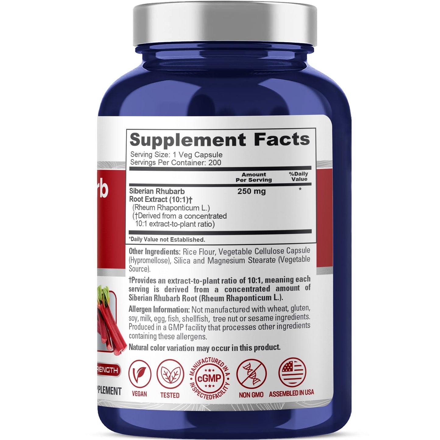 NusaPure Siberian Rhubarb 10:1 Extract, 250 mg - 200 Veggie Capsules (Vegetarian, Non-GMO, Vegan)
