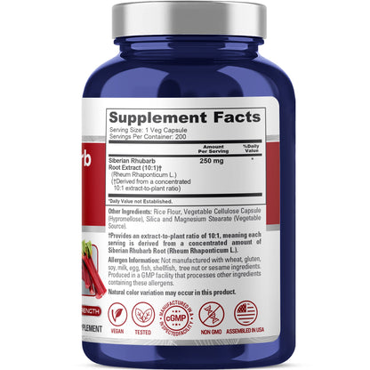 NusaPure Siberian Rhubarb 10:1 Extract, 250 mg - 200 Veggie Capsules (Vegetarian, Non-GMO, Vegan)