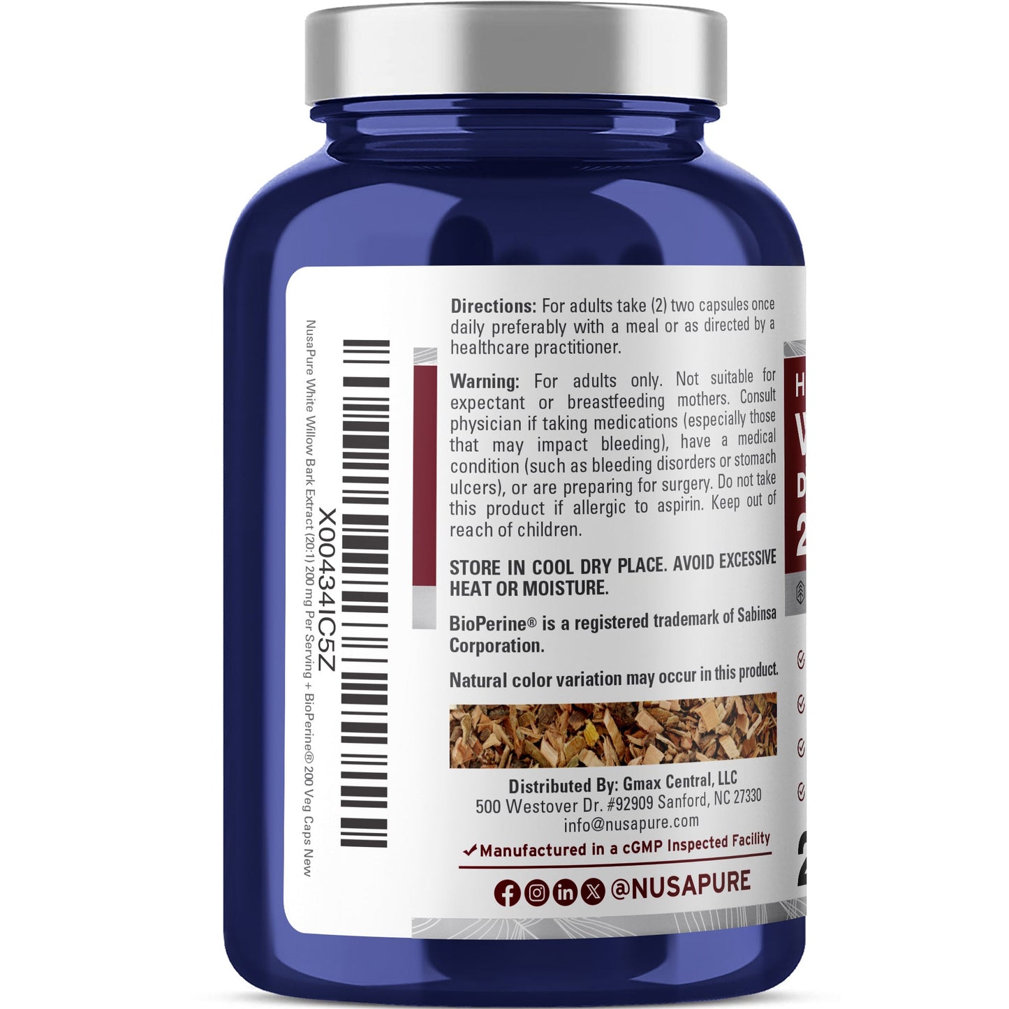 NusaPure White Willow Bark 20:1 Extract, 200 mg, 200 Veggie Capsules, Max Strength, (Non-GMO, Vegan)