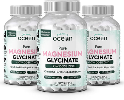 Pure Magnesium Glycinate with Zinc - Maximum Strength Chelated Magnesium Supplement for Women and Men 90 Capsule