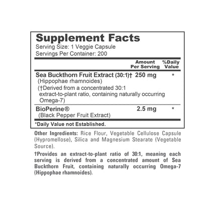NusaPure Sea Buckthorn Omega-7 30:1 Extract, 250 mg per Veggie Caps - 200 Capsules - Non-GMO & Vegan