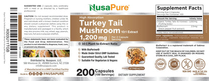 NusaPure Turkey Tail Mushroom Capsules, 10:1 Extract, 1200 mg, 200 Vcaps, Non-GMO, Gluten Free, Bioperine