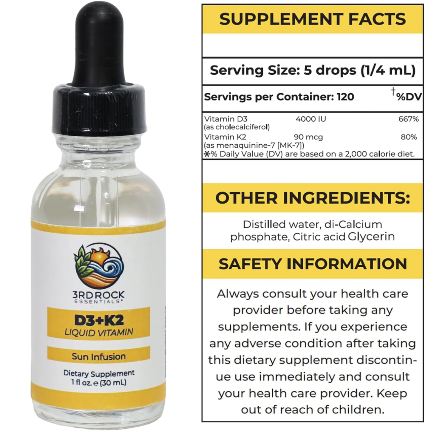 3rd Rock Essentials Vitamin D3 4000 IU + K2 MK-7 Liquid Drops
